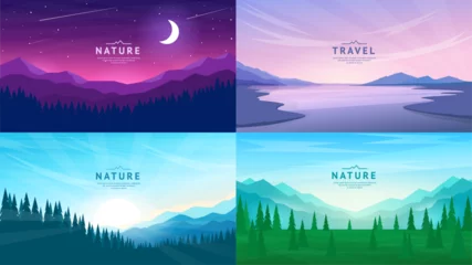 Zelfklevend Fotobehang Vector illustration. Bright night sky, sunset on the lake, mountains and forest. Flat style. Set of polygonal banners for background, postcards, invitations, business cards. Tourism concept. © i_mARTy