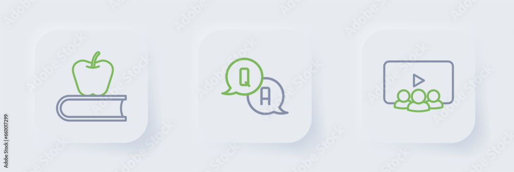 Poster set line online class, question and answer and book with apple icon. vector