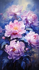 A dreamy painting of pink peonies on a blue background