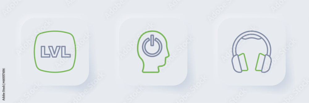 Poster set line headphones, power button and level game icon. vector