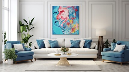 White sofa and blue armchair in living room with posters on the wall