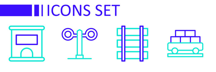 Set line Cargo train wagon, Railway barrier, Train traffic light and Ticket office to buy tickets icon. Vector