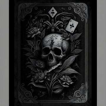 Black and white momento mori tattoo tarot card style skull 