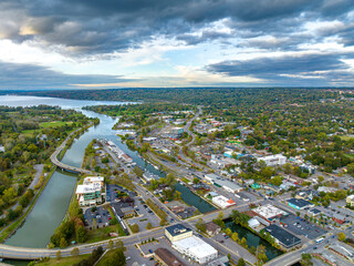 Early afternoon autumn aerial photo view of Ithaca New York.	
