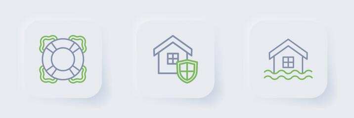 Set line House flood, with shield and Lifebuoy icon. Vector