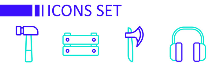 Set line Headphones, Wooden axe, box and Hammer icon. Vector