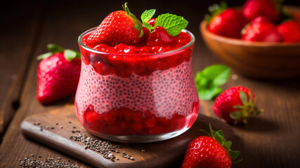 Chia seed pudding with fresh strawberries and mint in a glass cup