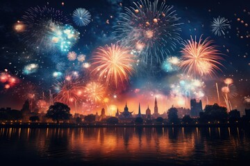 Fototapeta premium Fireworks Extravaganza: A Spectacular Display Lighting Up the Night to Welcome the New Year.