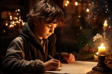 Writing to Santa: A Boy Expresses His Holiday Hopes with a Candle as His Muse.
