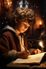 Festive Correspondence: A Young Boy Composes a Letter to Santa by the Flicker of a Candle.