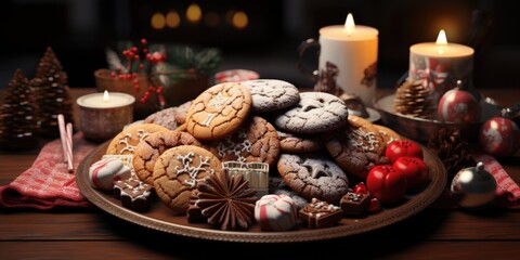 Fototapeta premium Festive Delights: A Carefully Arranged Platter of Christmas Cookies and Treats, Perfect for Sharing.