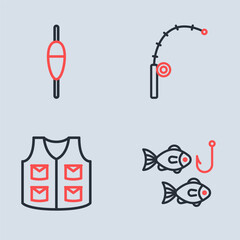 Set line Fishing rod, jacket, hook with fish and float icon. Vector