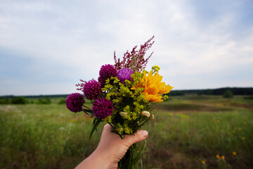 Fototapeta na wymiar Bouquet of wildflowers in hand on the background of a green meadow
