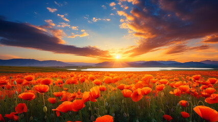 Poppies field at sunset. Beautiful landscape with red poppies.