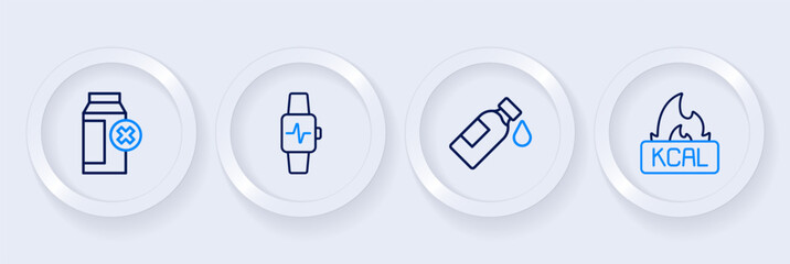 Fototapeta premium Set line Kcal, Bottle of water, Smart watch with heart and Lactose intolerance icon. Vector