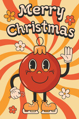 Merry Christmas and Happy New year. Tree decorations. Cartoon style. Greeting cards, template, posters, prints, party invitations and background. Red, orange, yellow. 70s 60s Groovy, vintage