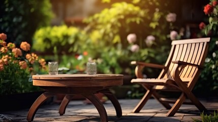 photo of Chairs And Umbrella In The Garden. 3d Rendering very important person place Generative AI