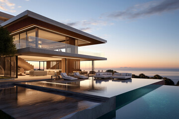 Fototapeta premium Contemporary Masterpiece: Captivating View of a Modern Villa, Expanding the Boundaries of Luxury Living with its Open-Concept Layouts