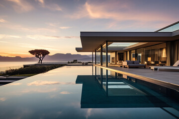 Fototapeta premium Contemporary Masterpiece: Captivating View of a Modern Villa, Expanding the Boundaries of Luxury Living with its Open-Concept Layouts