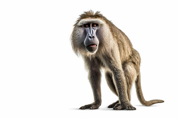 A serious baboon on a white background,baboon sitting in front of white