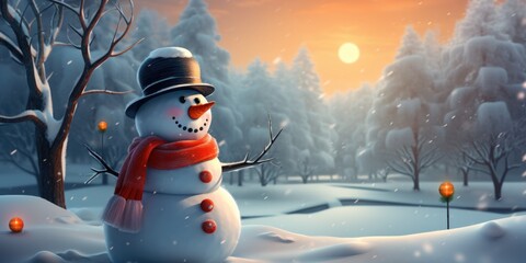 Fototapeta premium Frosty the Snowman: A Jolly Figure in a Top Hat and Scarf, Carrot Nose and All.
