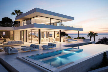 Fototapeta premium Contemporary Masterpiece: Captivating View of a Modern Villa, Expanding the Boundaries of Luxury Living with its Open-Concept Layouts