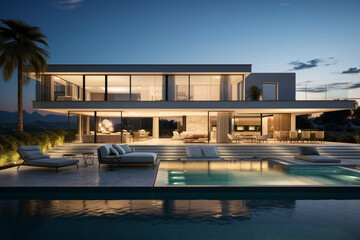 Fototapeta premium Contemporary Masterpiece: Captivating View of a Modern Villa, Expanding the Boundaries of Luxury Living with its Open-Concept Layouts