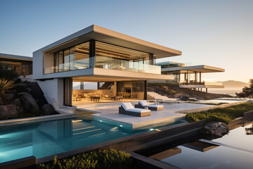 Fototapeta premium Contemporary Masterpiece: Captivating View of a Modern Villa, Expanding the Boundaries of Luxury Living with its Open-Concept Layouts