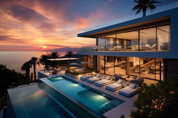 Fototapeta premium Contemporary Masterpiece: Captivating View of a Modern Villa, Expanding the Boundaries of Luxury Living with its Open-Concept Layouts
