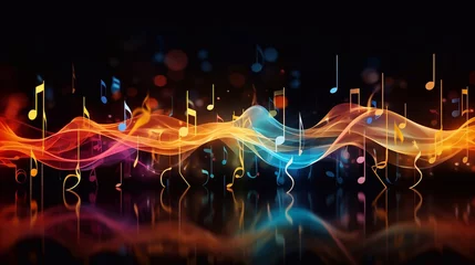 Rugzak picture of abstract music background with notes and bokeh lights, illustration music icon song time wavy shape Generative AI © Saim Art