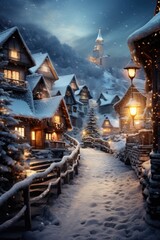 Winter's Charm: A Snowy Village Aglow with Cozy, Welcoming Lights. - obrazy, fototapety, plakaty
