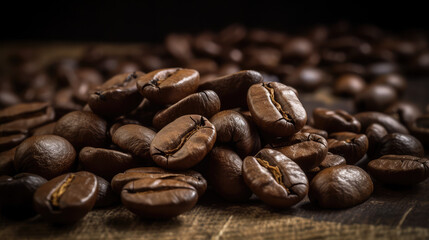 Naklejka premium Bunch of coffee bean on the wooden surface