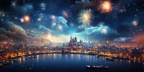 Fototapeta na wymiar New Year's Brilliance: Colorful Fireworks Illuminating the Night Sky in Celebration.