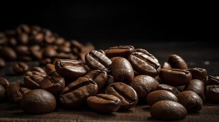 Bunch of coffee beans on the table, with the black background