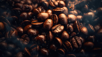 Roasted coffee beans with aroma coming out of it