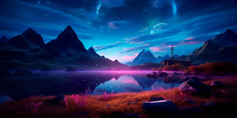 bioluminescent landscape daytime to nighttime in , highlighting the transformation of colors and moods.