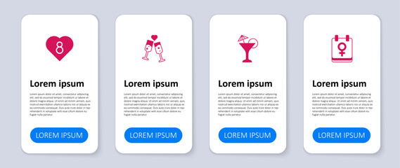 Set Calendar with 8 March, Martini glass, Glass of champagne and Heart. Business infographic template. Vector