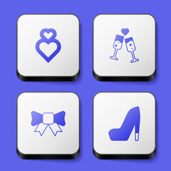 Fototapeta premium Set Heart, Glass of champagne, Gift bow and Woman shoe icon. White square button. Vector