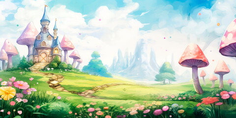 watercolor background with a whimsical and fairytale-like theme, perfect for children's book illustrations or magical storytelling.