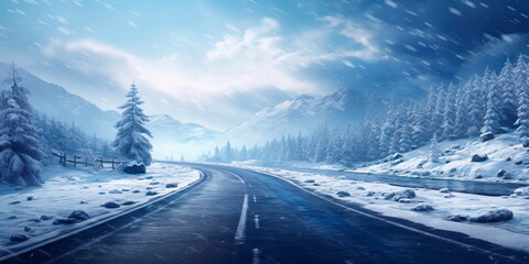 Fototapeta premium winter road colors, demonstrating the beauty of falling snow and the comfort of the winter holiday season.