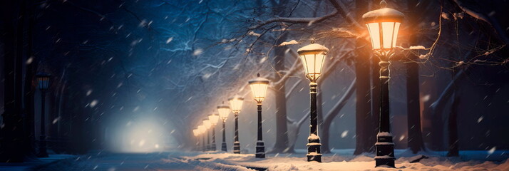 lamppost illuminating a snowy path through a peaceful park, with snowflakes gently falling all around. - obrazy, fototapety, plakaty