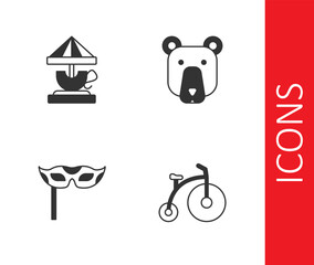 Set Vintage bicycle, Attraction carousel, Festive mask and Bear head icon. Vector