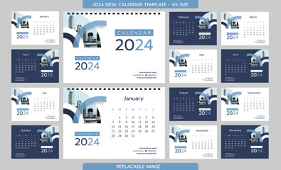 Desk Calendar 2024 template - 12 months included - A5 Size