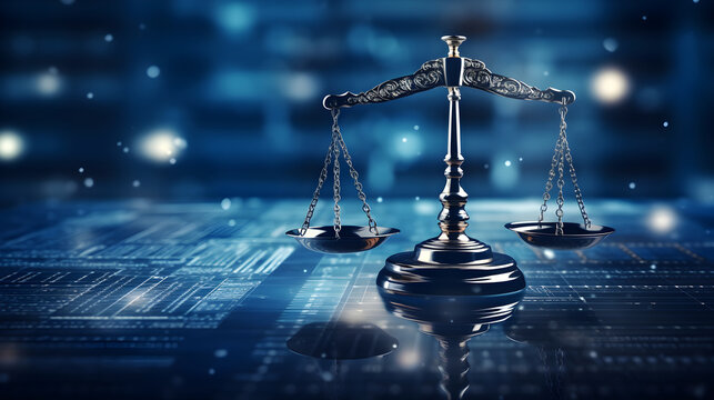 Law scales on background of data center. Digital law concept of duality of Judiciary, Jurisprudence and Justice and data in the modern world.