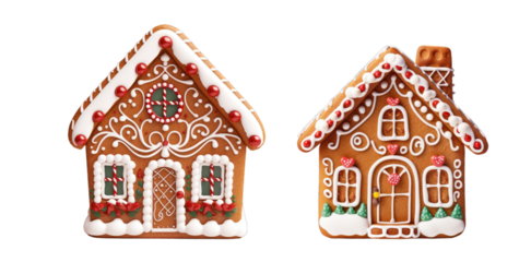 Set of Gingerbread House and Cute House Cookie for Christmas Sugar Cookies on transparent background, png - Generative AI