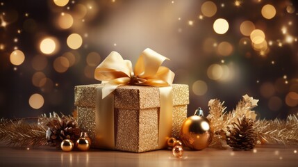 Naklejka na ściany i meble Photo of a golden Christmas gift box with a beautiful bow on a table created with Generative AI technology