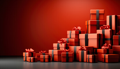 A few red gift boxes with black bows stacked on a red background. Black Friday concept. Copy Space