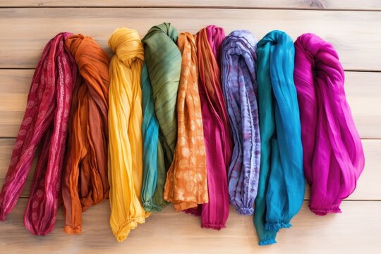 multiple colourful scarves arranged on a light wooden surface