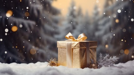 Photo of a golden Christmas  gift box with a beautiful bow on a table created with Generative AI technology