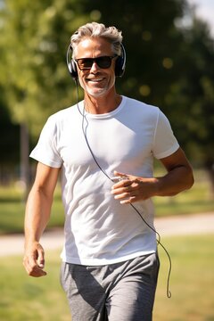 A walk in the fresh air with your favorite music in headphones, away from the noise of the big city. Caucasian middle-aged man during a walk in the autumn park. Vertical photo.